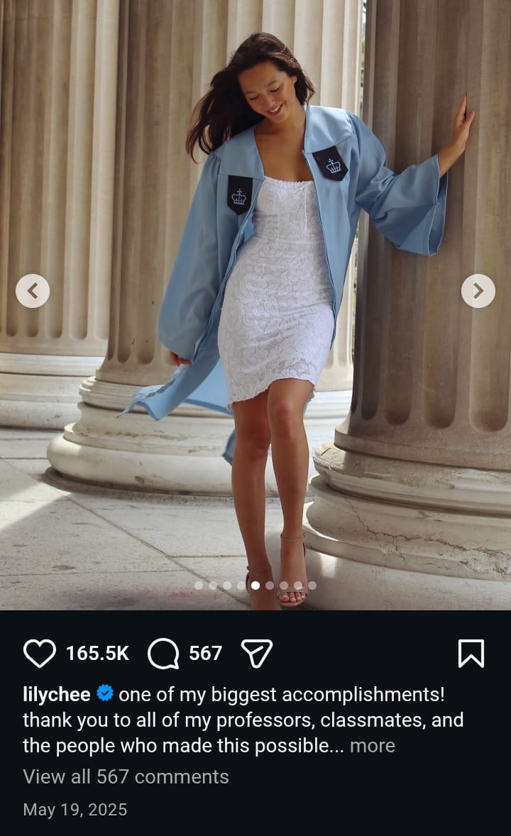 Lily Chee, is pictured wearing her college graduation gown, for her graduation back in May 2025.