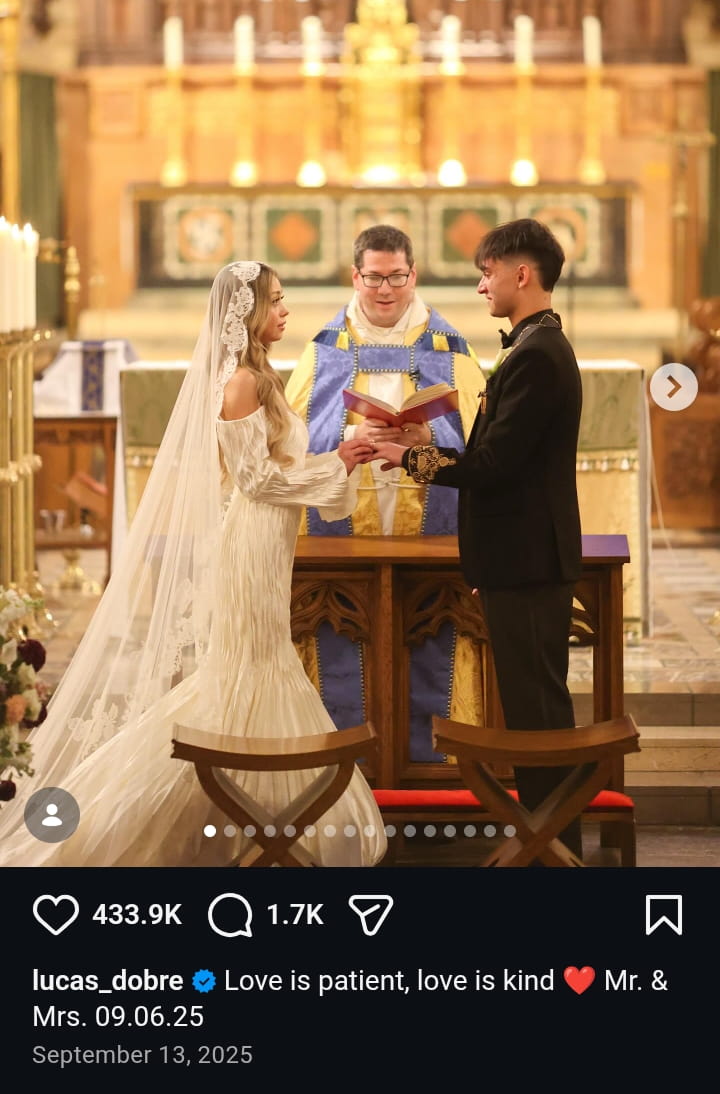 Image - Lucas Dobre-Mofid, is pictured with his long-term girlfriend & now-wife, Ivanita Lomeli, as they exchanged wedding vows on the altar back in September 2025.