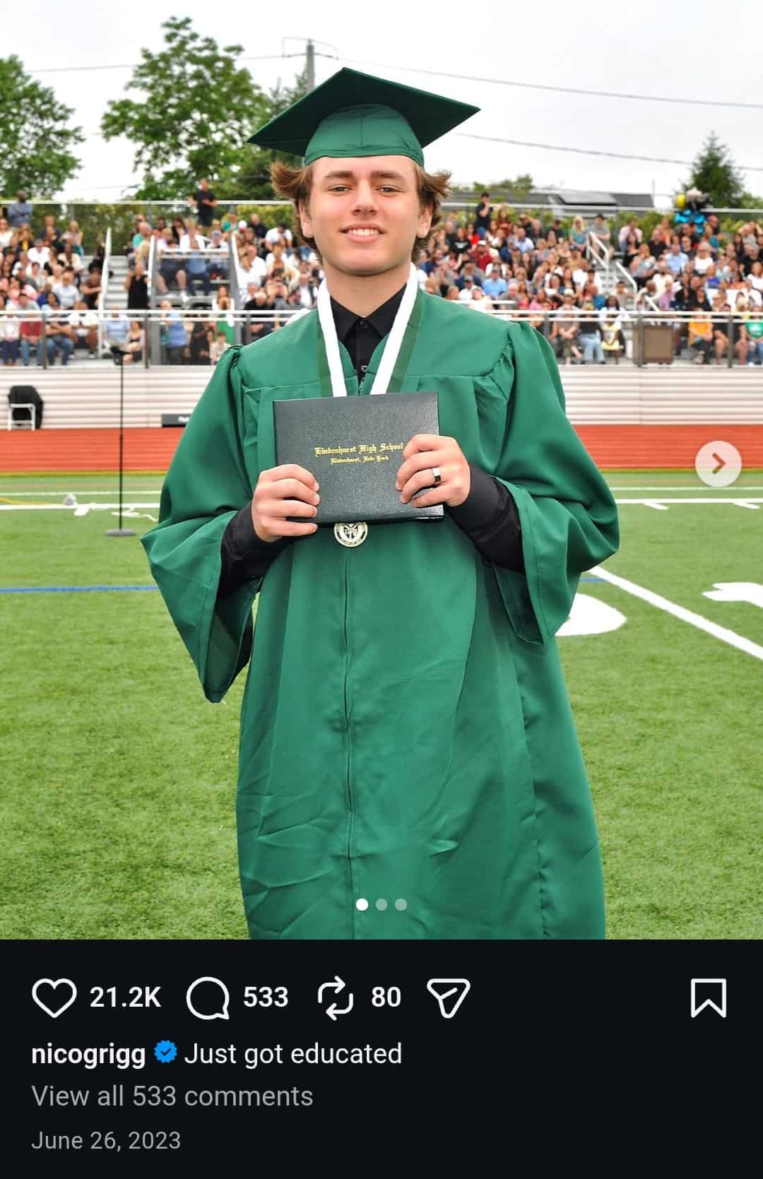 Image - Nico Grigg, is pictured wearing his high school graduation gown, as he announced his graduation from high school, back in June 2023.