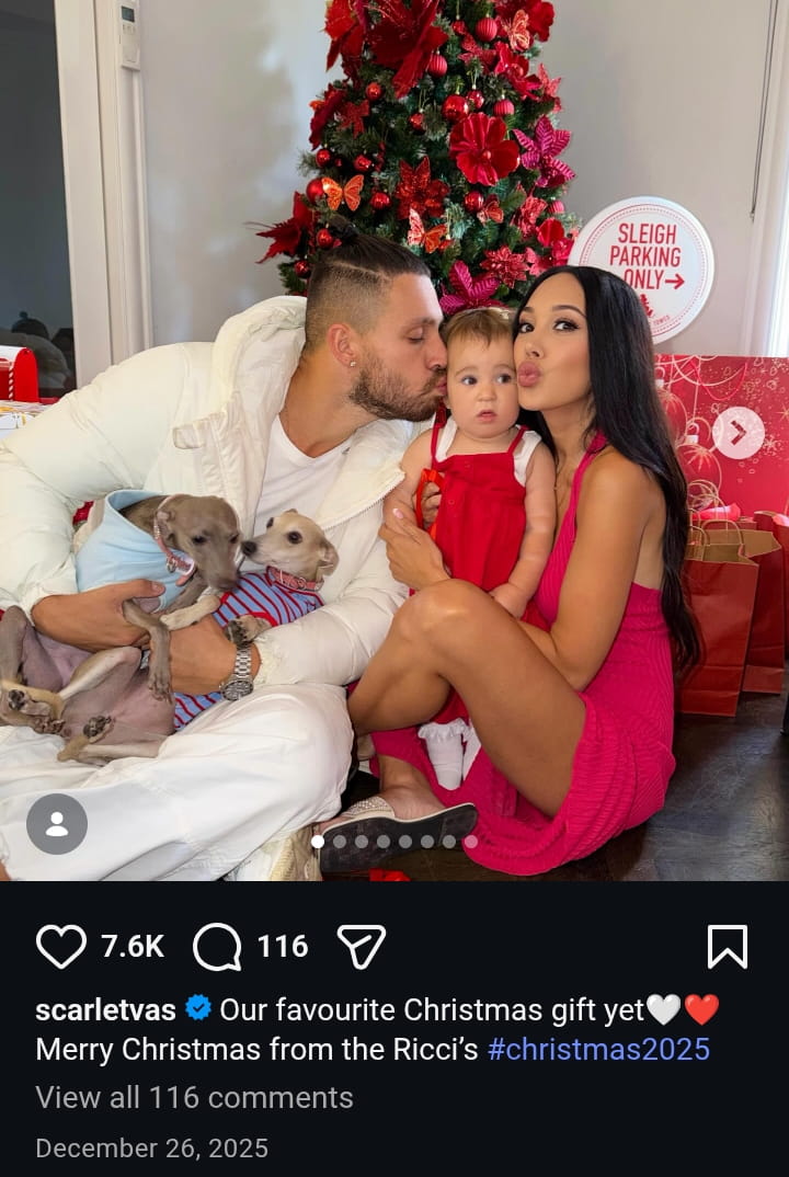Image - Scarlet Vas, is pictured with her husband, Tayo Riccio, and their daughter, Silva, for Christmas, back on December 26, 2025.