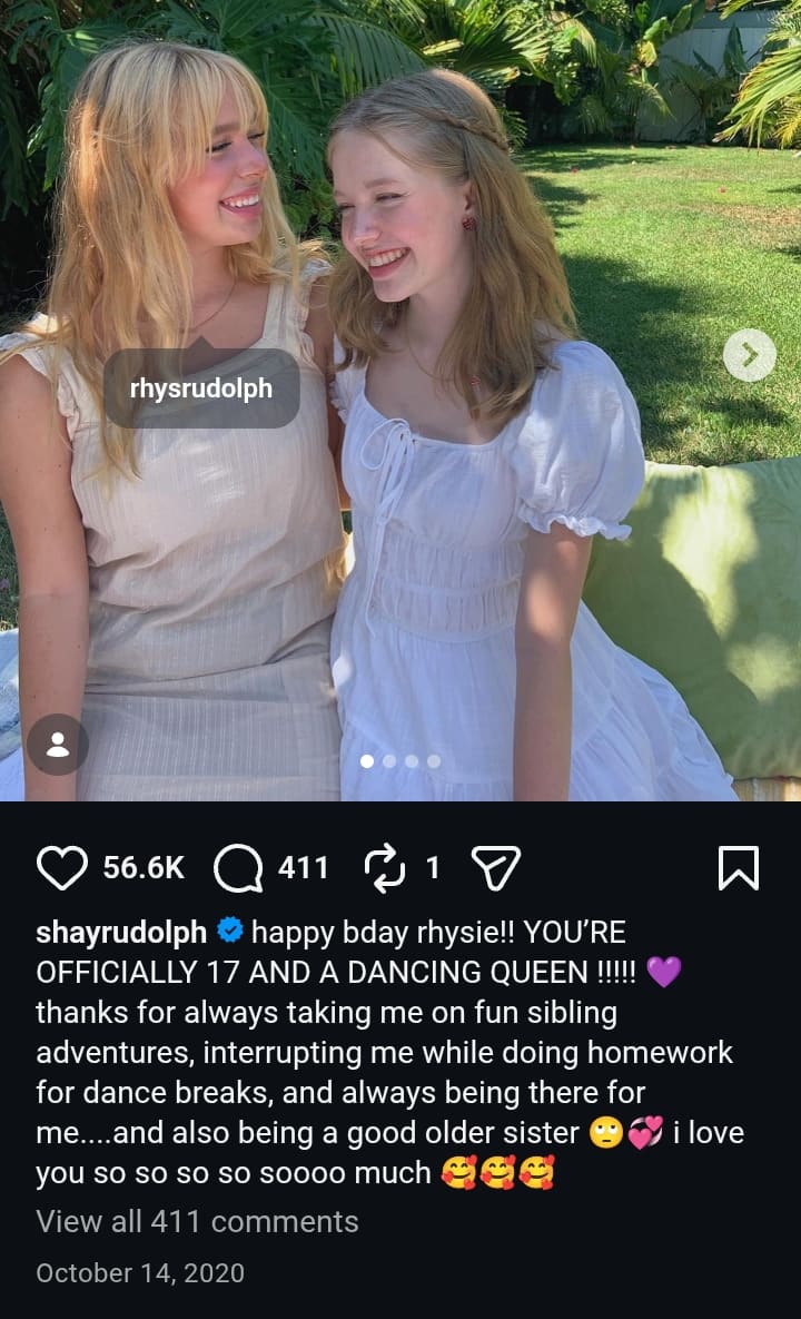 Image - Shay Rudolph, is pictured with her older sister, Rhys Rudolph, back on October 14, 2020, for her sister's (Rhys') 17th birthday. 