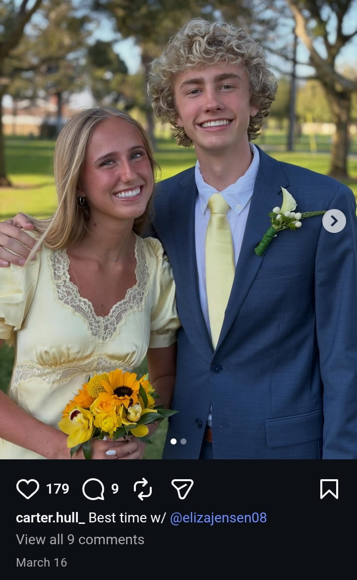 Image - Carter Duz Stuff, is pictured with his girlfriend, Eliza Jensen, for prom, back on March 16, 2026.