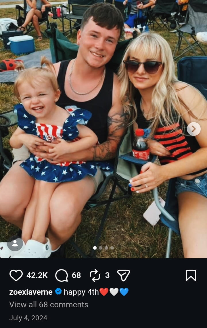Image - Zoe LaVerne, is pictured with her husband, Dawson Day, and their daughter, Emersyn Raylee Day, for July 4th, back on July 4, 2024.