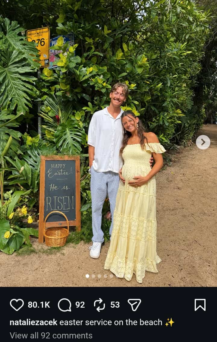 Image - Pregnant Natalie Zacek, is pictured with her husband, Josh Downey, for Easter 2026, back in early April 2026.