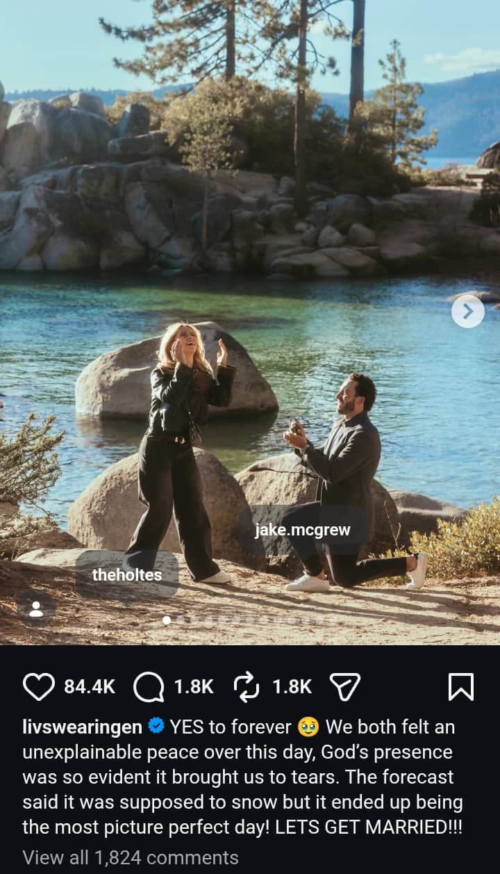 Image - Liv Swearingen, is pictured with her soon-to-be husband, Jake McGrew, as he kneels down to propose to her to marry him, back on April 14, 2026.