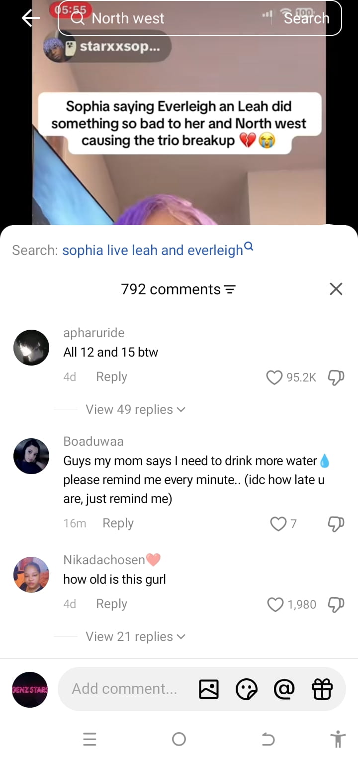 Image - TikTok users pointing out Sophia Tanjali’s age difference, from North West, and her friends, Leah and Everleigh.