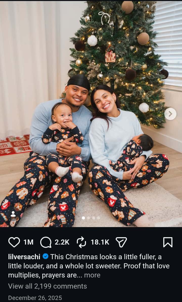 Image - LilverSachi, is pictured with her soon-to-be husband, Laro Benz, and their two sons, Zahmir and Zaiel, for Christmas, back on December 26, 2025.