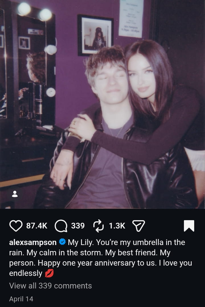 Image - Alex Sampson is pictured with his girlfriend, Lily Weber, for their one-year anniversary as a couple, back in April 2026.