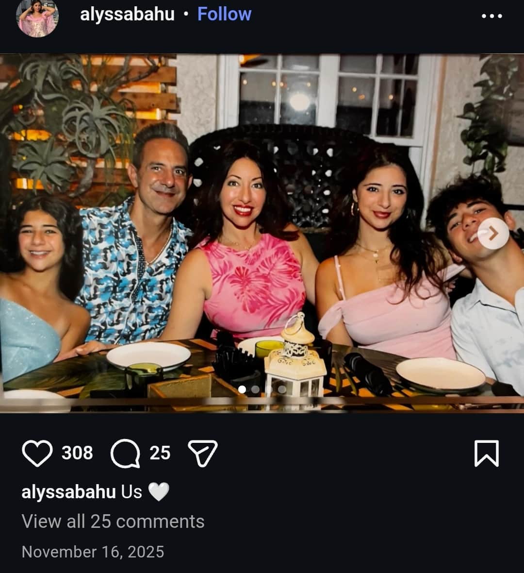 Image - Alyssa Bahu, is pictured with her family, including her parents, Jennifer and Tony Bahu, and two siblings, Angelo and Mariah Bahu, back in November 2025.