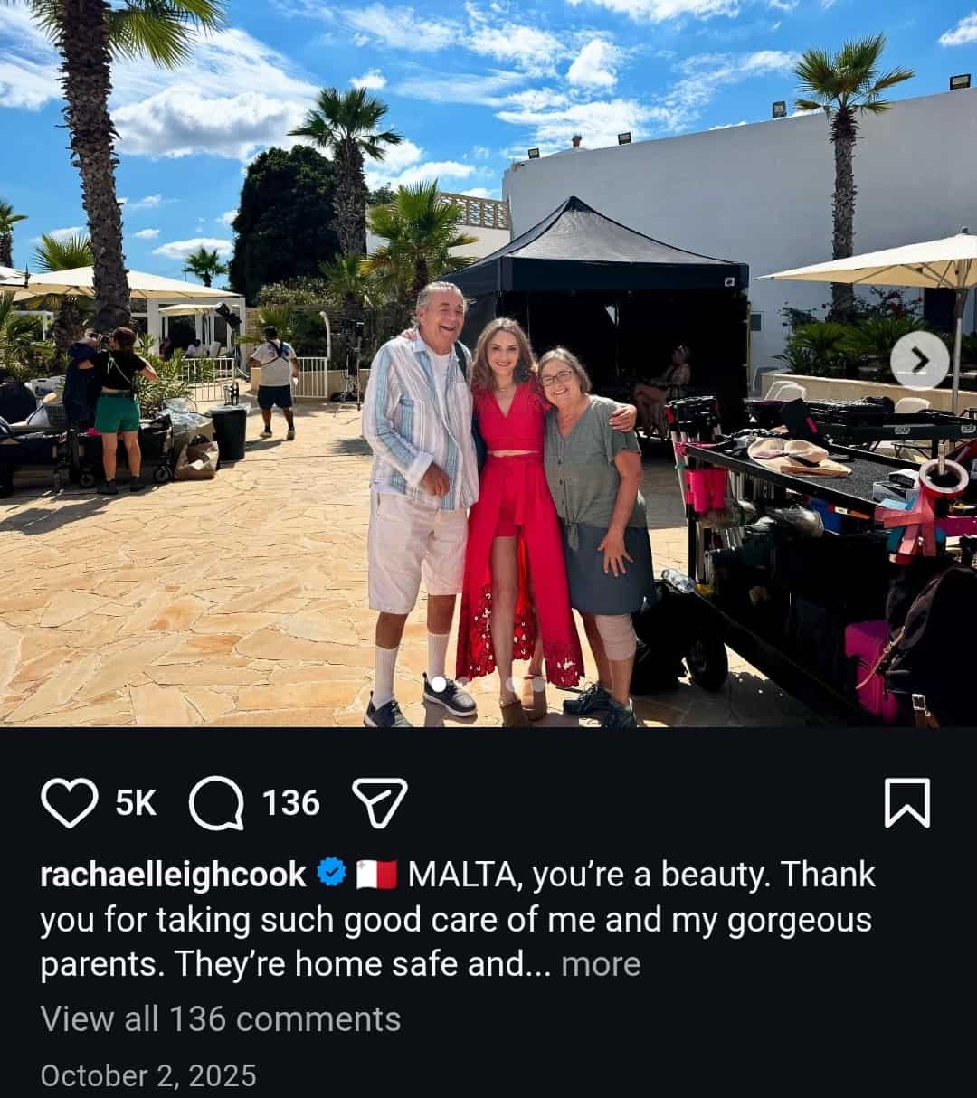 Image - Rachael Leigh Cook, is pictured with her parents, in a family vacation she took her parents to to Malta, back in October 2025.